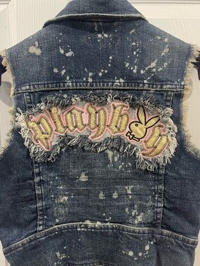 Playboy jeans Denim Vest women with Pink Logo Patch small